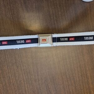Diesel White Webbing Belt with Black and Red Accents and Silver Buckle Seatbelt